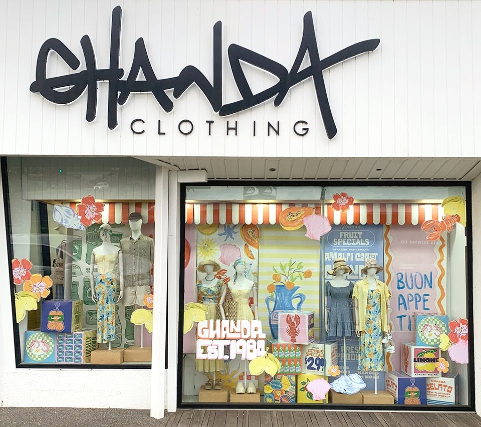Image of Ghanda Clothing's store window.